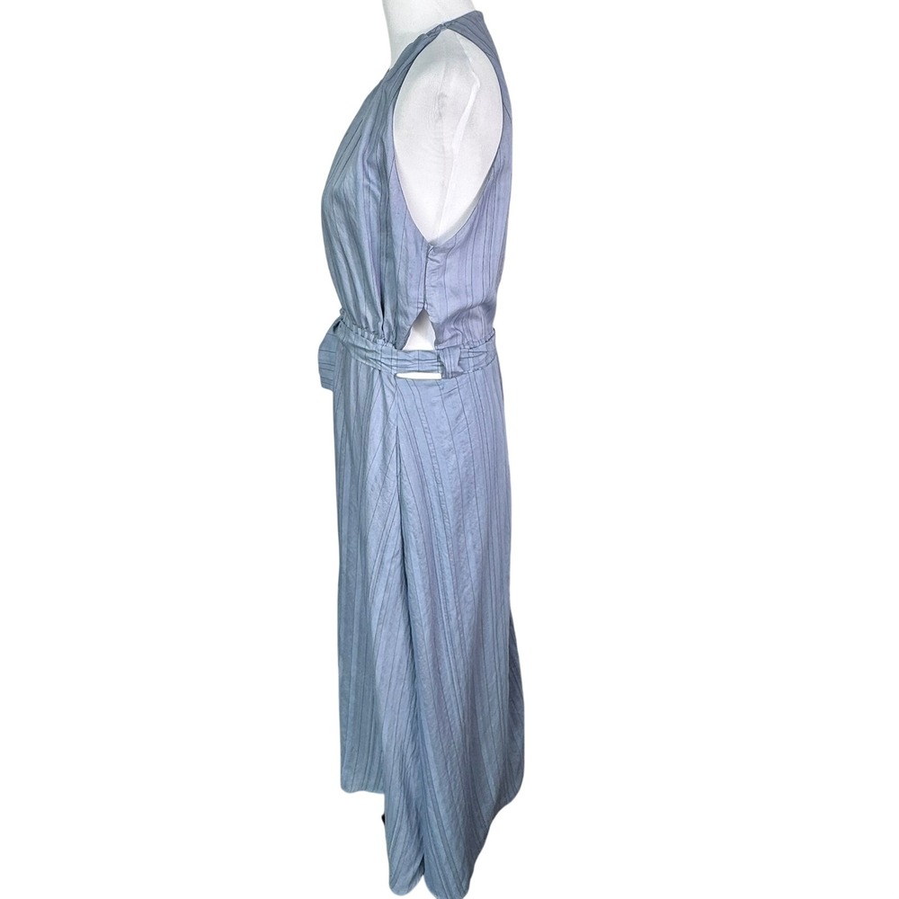 CHLOE DAO Women Large Pale Blue Pinstripe Sleeveless Tie Waist Halter Midi Dress - Picture 2 of 9